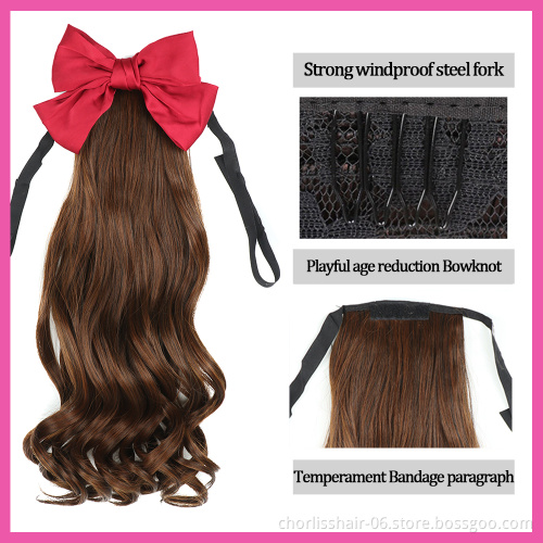 Wholesale Long Ribbon Bow Wrap Curl Bow Bowknot Wave Curly PonyTail Hair Synthetic Clip In Extension For Girl Party 20inch